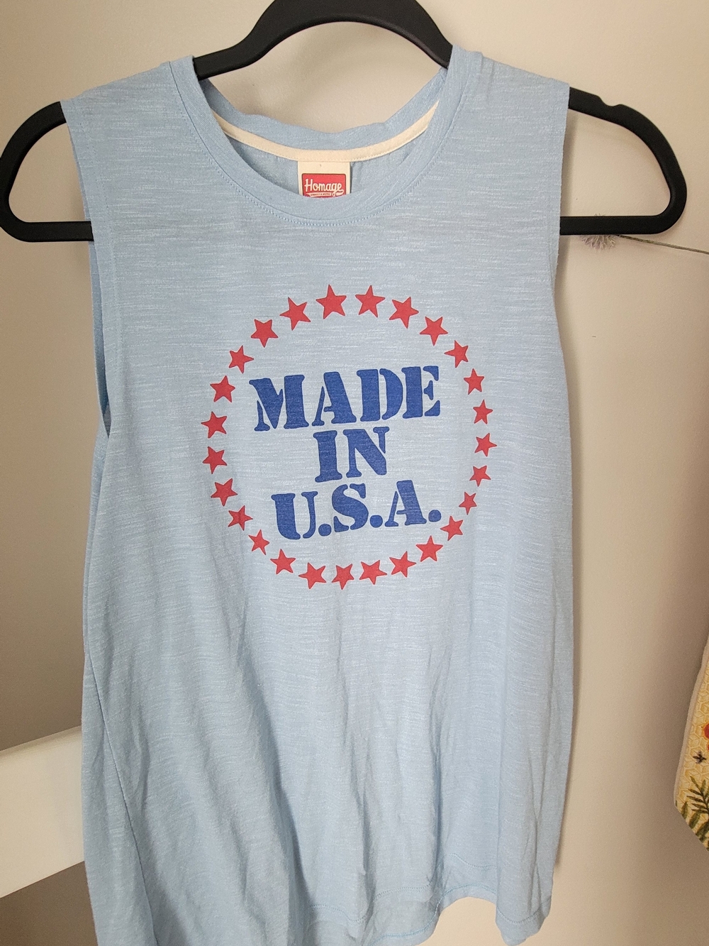HOMAGE Light Blue Muscle Tee with Red & Blue 'Made in U.S.A.' Graphic